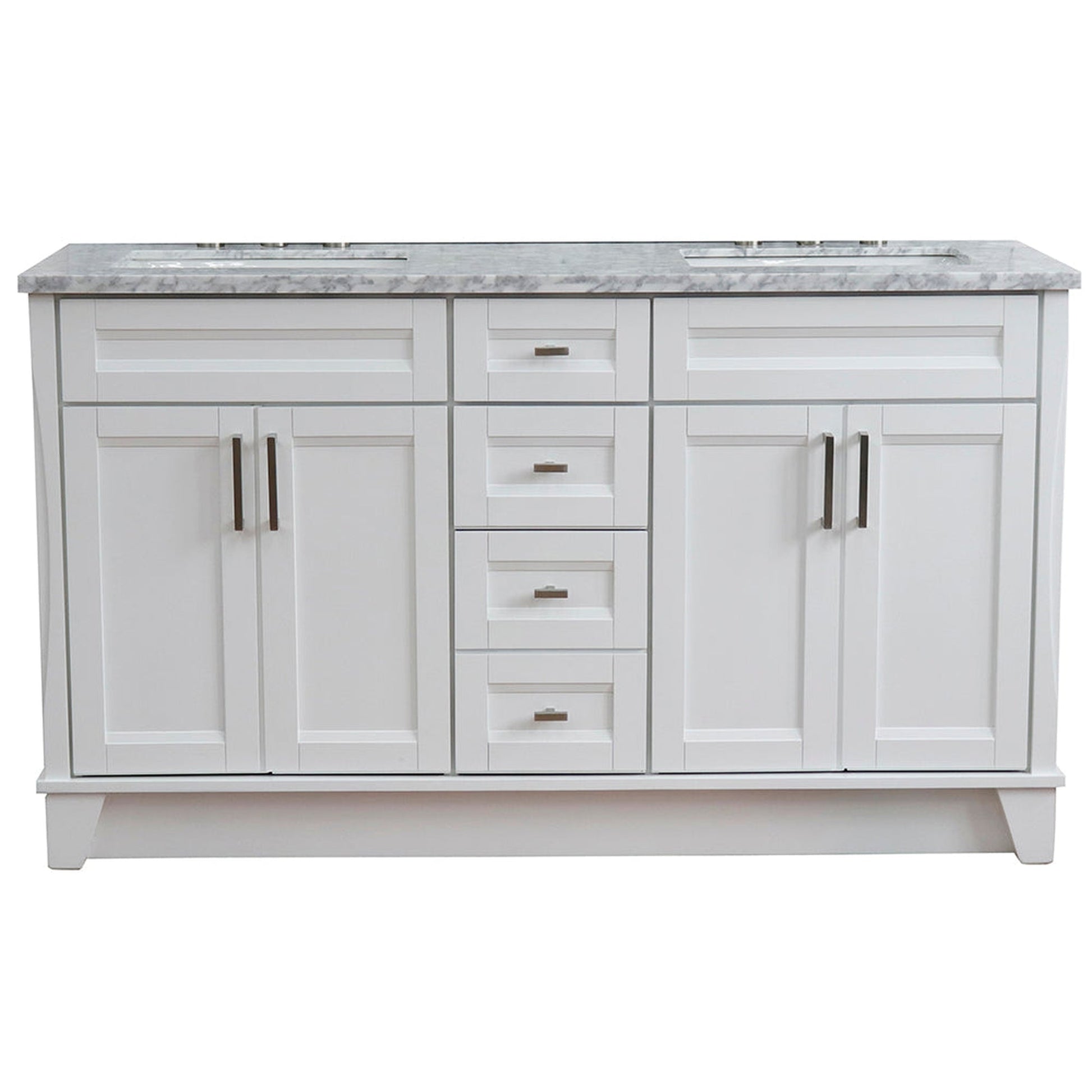 Bellaterra Home Terni 61" 4-Door 3-Drawer White Freestanding Vanity Set With Ceramic Double Undermount Rectangular Sink And White Carrara Marble Top