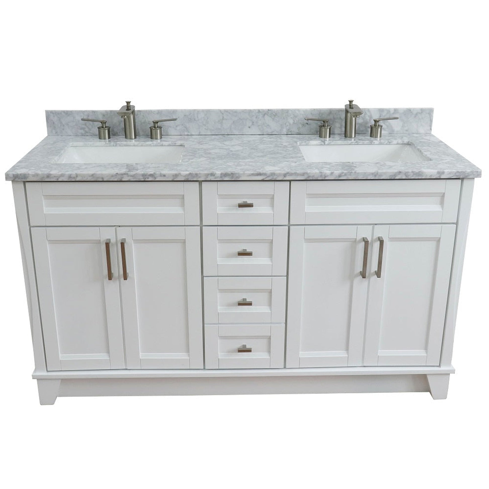 Bellaterra Home Terni 61" 4-Door 3-Drawer White Freestanding Vanity Set With Ceramic Double Undermount Rectangular Sink And White Carrara Marble Top