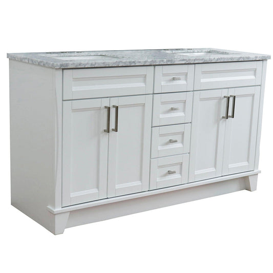 Bellaterra Home Terni 61" 4-Door 3-Drawer White Freestanding Vanity Set With Ceramic Double Undermount Rectangular Sink And White Carrara Marble Top