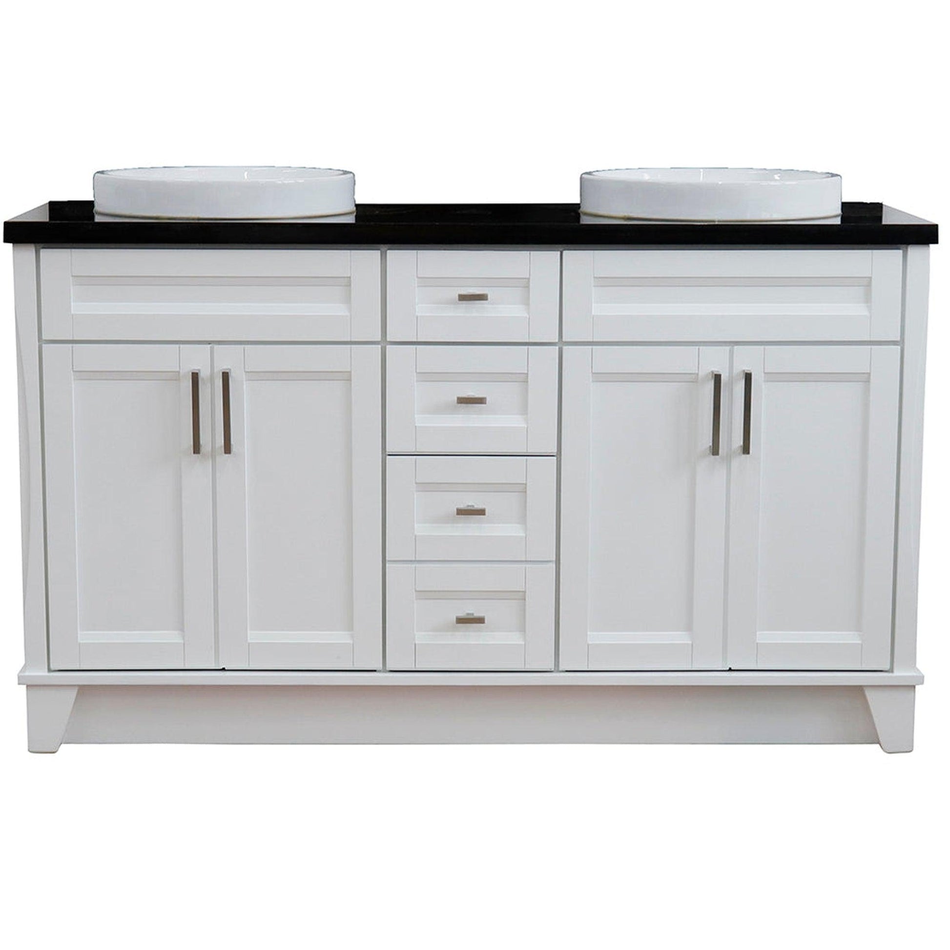 Bellaterra Home Terni 61" 4-Door 3-Drawer White Freestanding Vanity Set With Ceramic Double Vessel Sink And Black Galaxy Granite Top