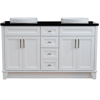 Bellaterra Home Terni 61" 4-Door 3-Drawer White Freestanding Vanity Set With Ceramic Double Vessel Sink And Black Galaxy Granite Top