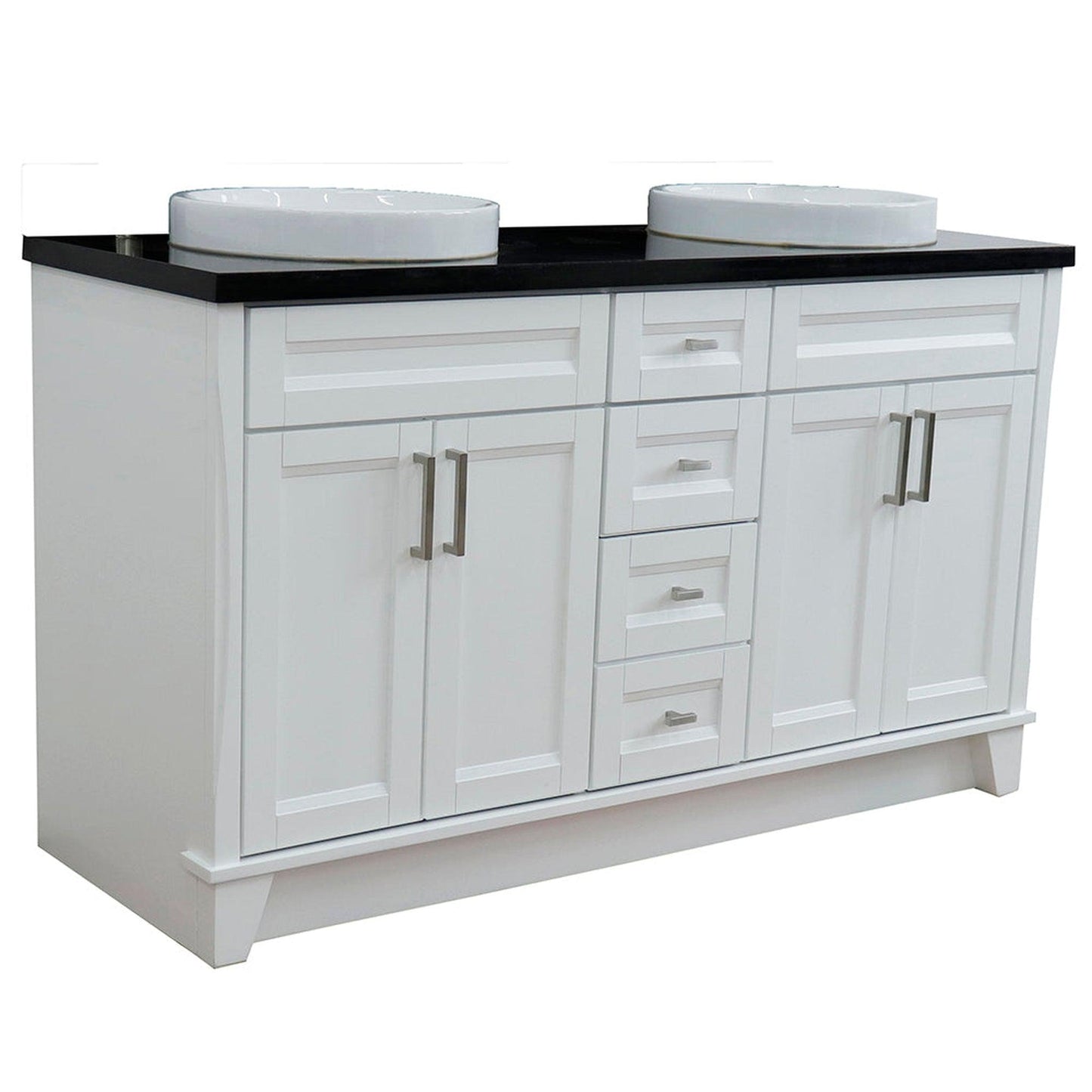 Bellaterra Home Terni 61" 4-Door 3-Drawer White Freestanding Vanity Set With Ceramic Double Vessel Sink And Black Galaxy Granite Top