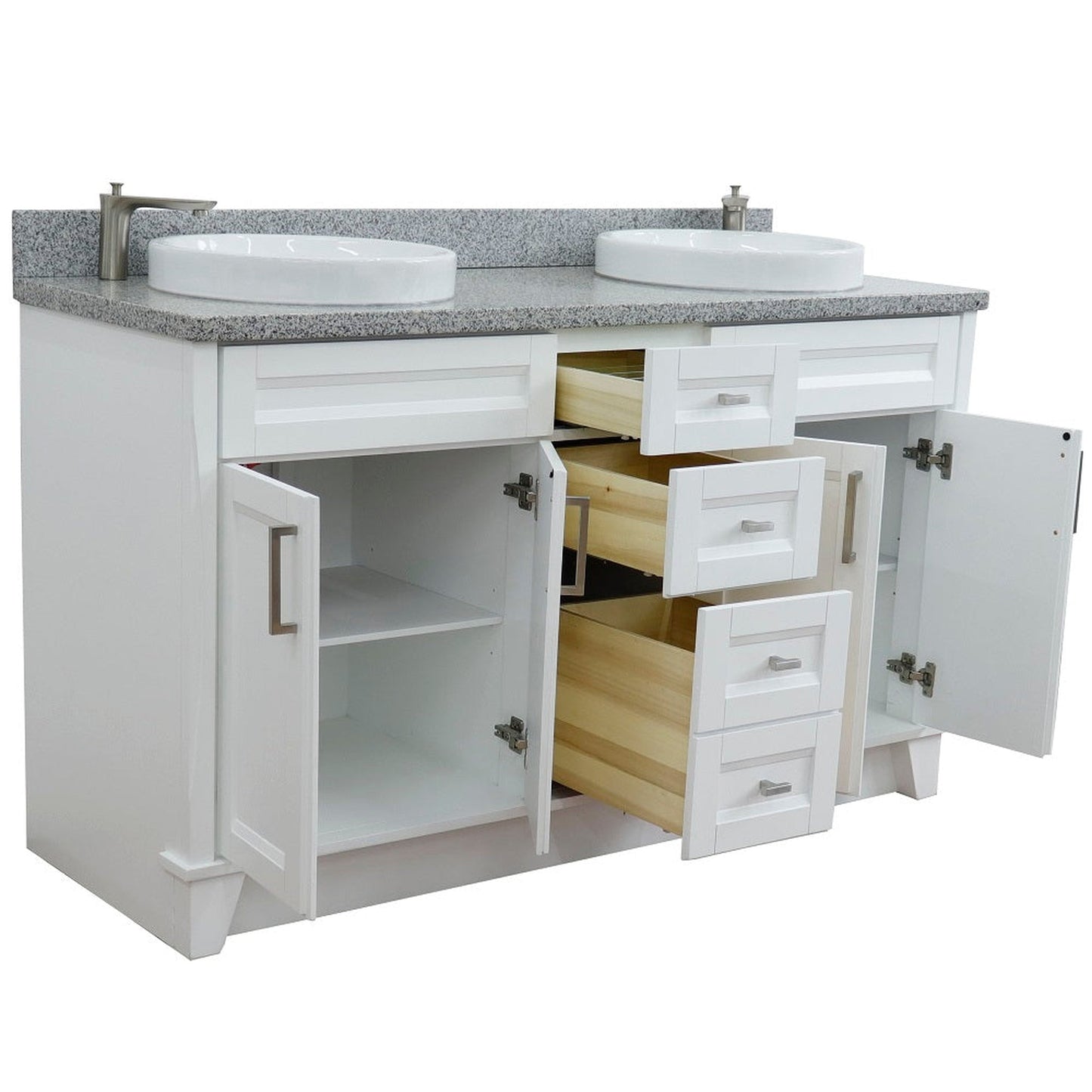 Bellaterra Home Terni 61" 4-Door 3-Drawer White Freestanding Vanity Set With Ceramic Double Vessel Sink And Gray Granite Top