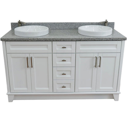Bellaterra Home Terni 61" 4-Door 3-Drawer White Freestanding Vanity Set With Ceramic Double Vessel Sink And Gray Granite Top