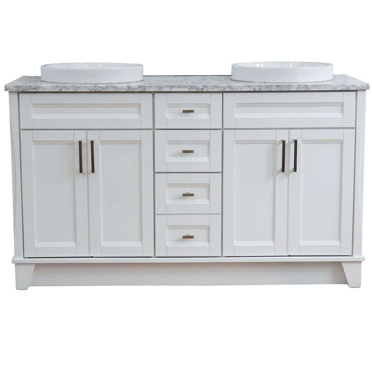 Bellaterra Home Terni 61" 4-Door 3-Drawer White Freestanding Vanity Set With Ceramic Double Vessel Sink And White Carrara Marble Top