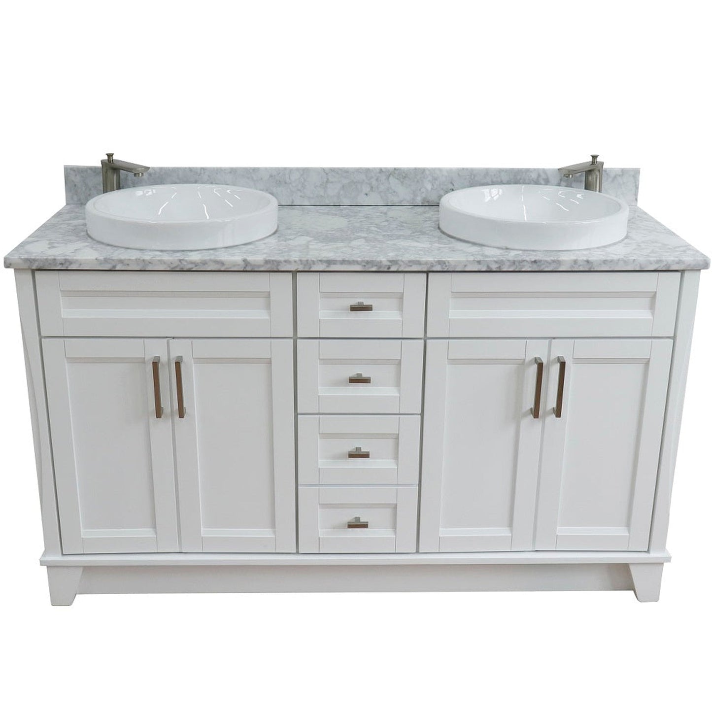 Bellaterra Home Terni 61" 4-Door 3-Drawer White Freestanding Vanity Set With Ceramic Double Vessel Sink And White Carrara Marble Top