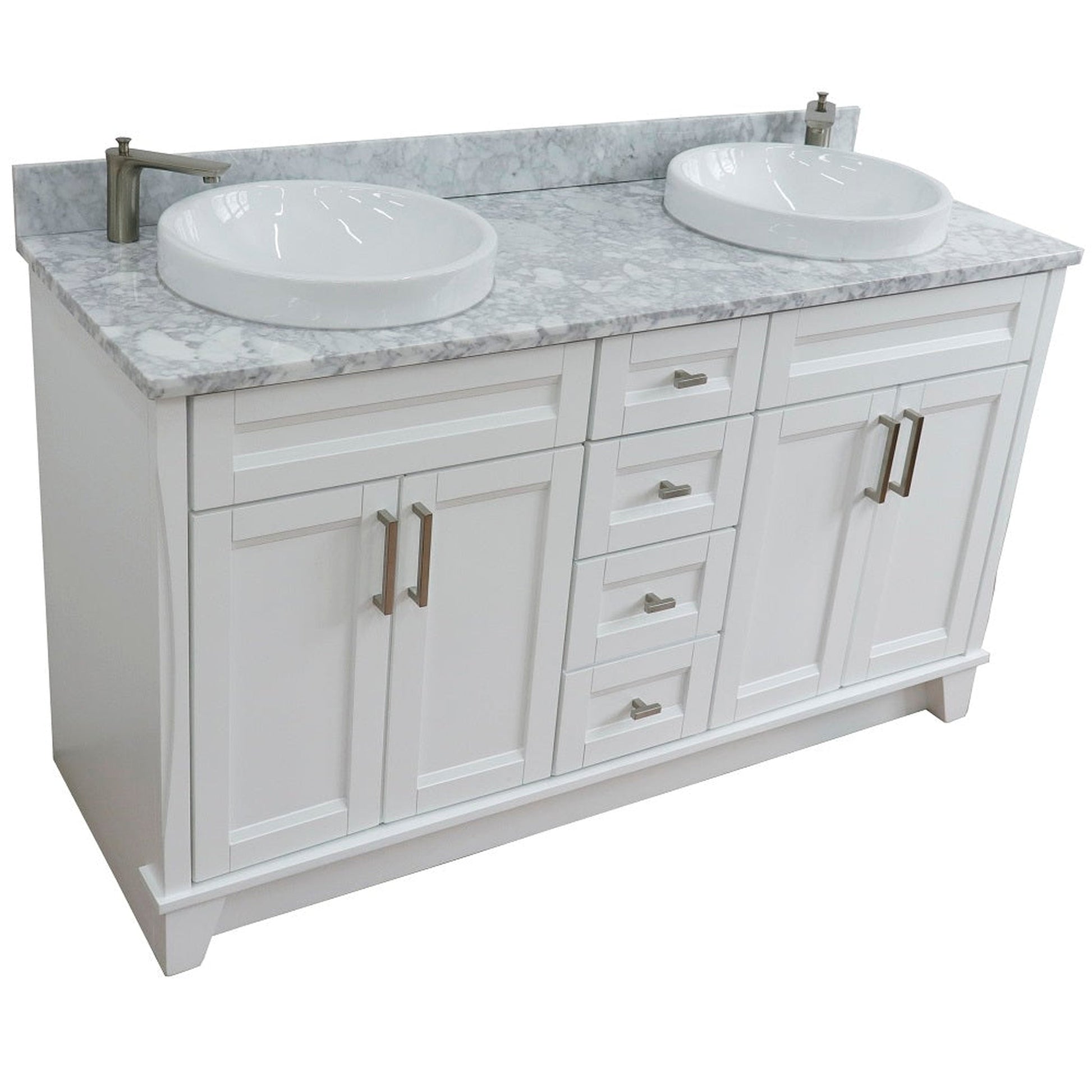 Bellaterra Home Terni 61" 4-Door 3-Drawer White Freestanding Vanity Set With Ceramic Double Vessel Sink And White Carrara Marble Top