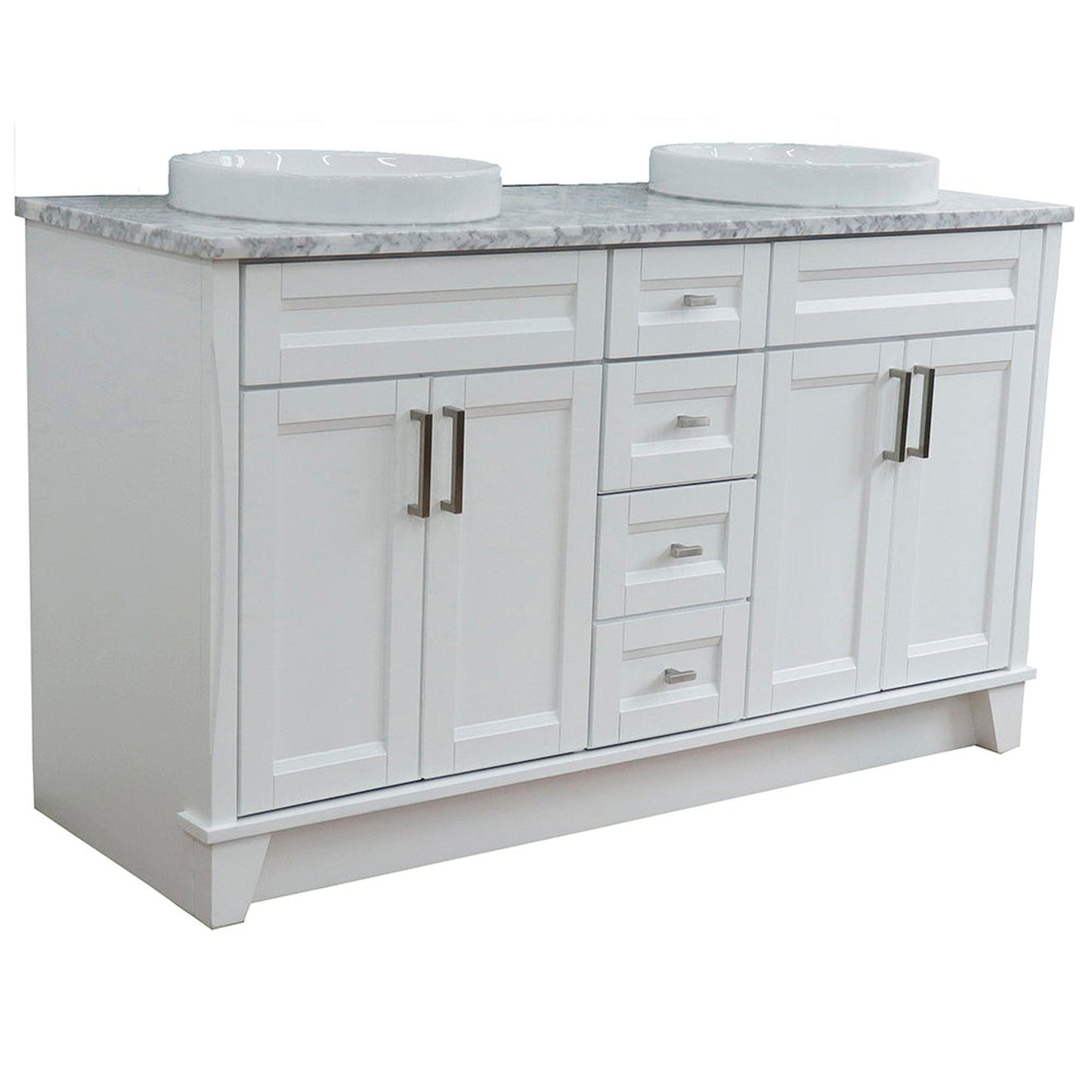 Bellaterra Home Terni 61" 4-Door 3-Drawer White Freestanding Vanity Set With Ceramic Double Vessel Sink And White Carrara Marble Top