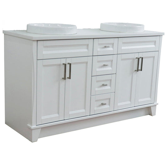 Bellaterra Home Terni 61" 4-Door 3-Drawer White Freestanding Vanity Set With Ceramic Double Vessel Sink And White Quartz Top