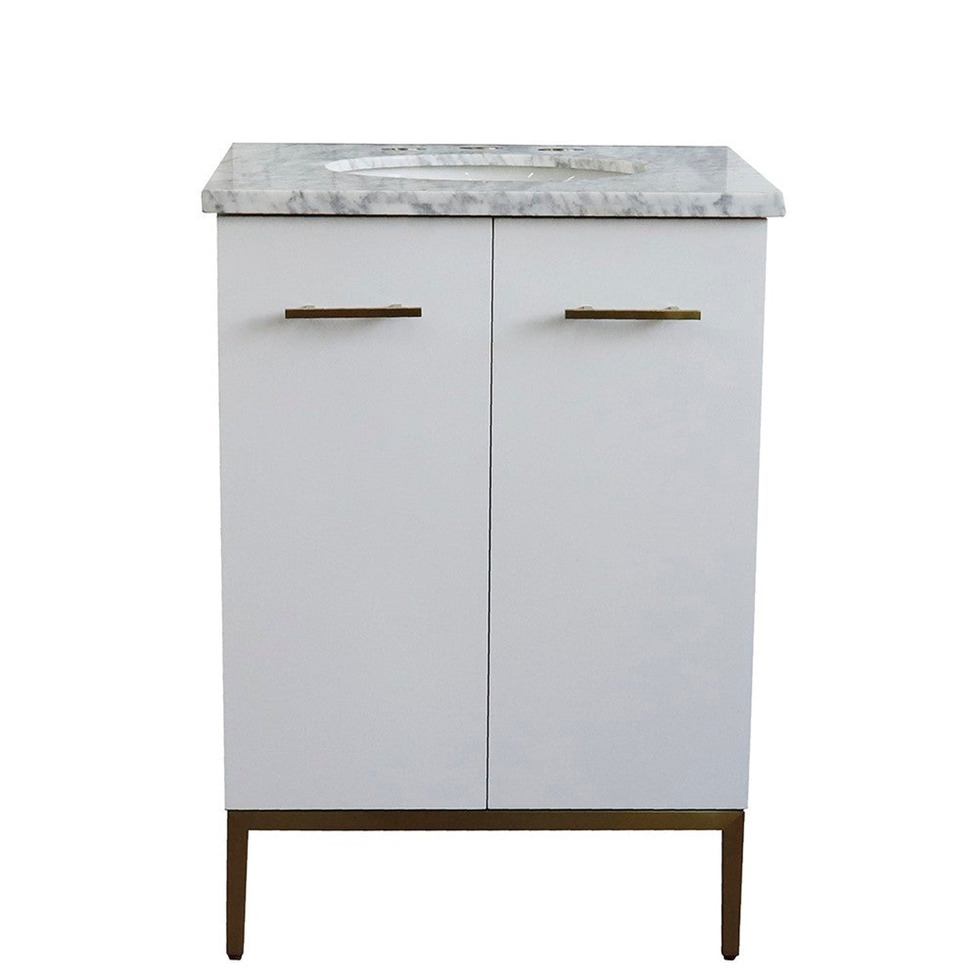 Bellaterra Home Tivoli 25" 2-Door 1-Drawer White Freestanding Vanity Set With Ceramic Undermount Oval Sink and White Carrara Marble Top