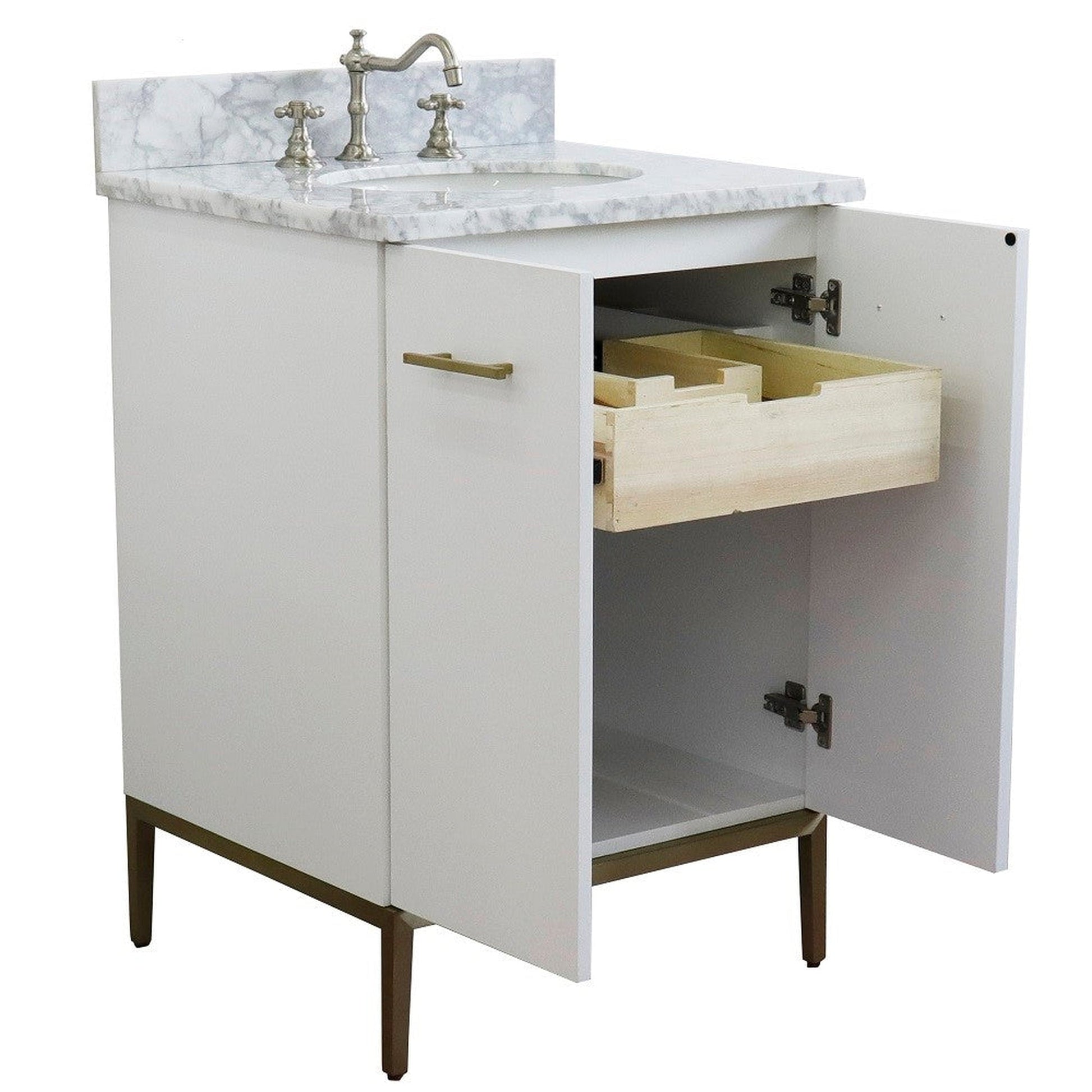 Bellaterra Home Tivoli 25" 2-Door 1-Drawer White Freestanding Vanity Set With Ceramic Undermount Oval Sink and White Carrara Marble Top