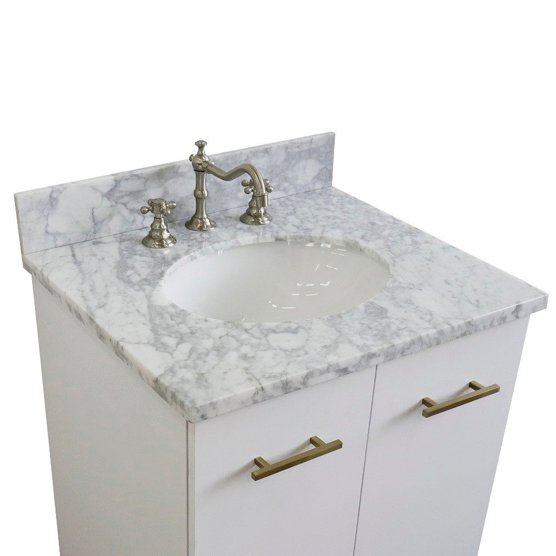 Bellaterra Home Tivoli 25" 2-Door 1-Drawer White Freestanding Vanity Set With Ceramic Undermount Oval Sink and White Carrara Marble Top