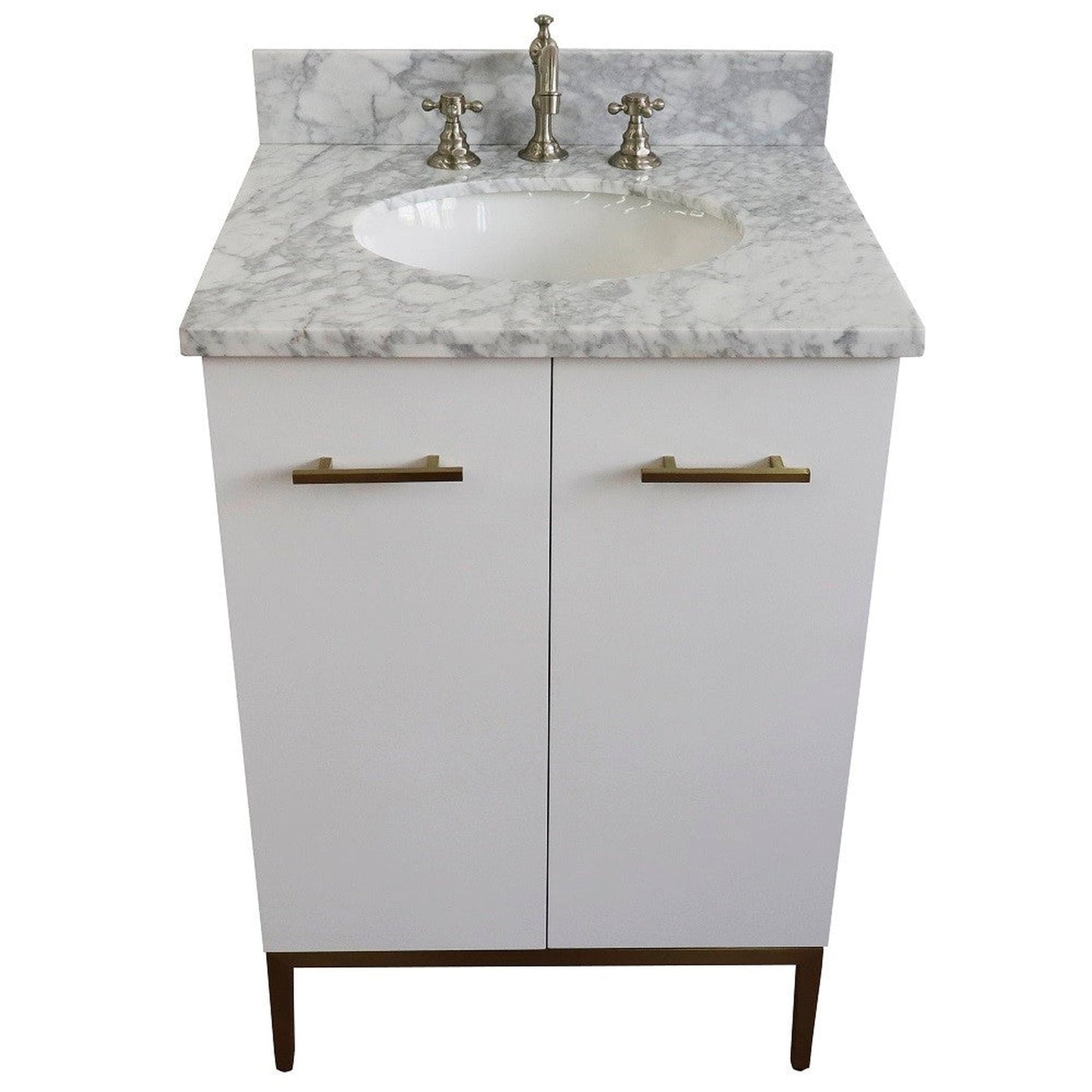 Bellaterra Home Tivoli 25" 2-Door 1-Drawer White Freestanding Vanity Set With Ceramic Undermount Oval Sink and White Carrara Marble Top