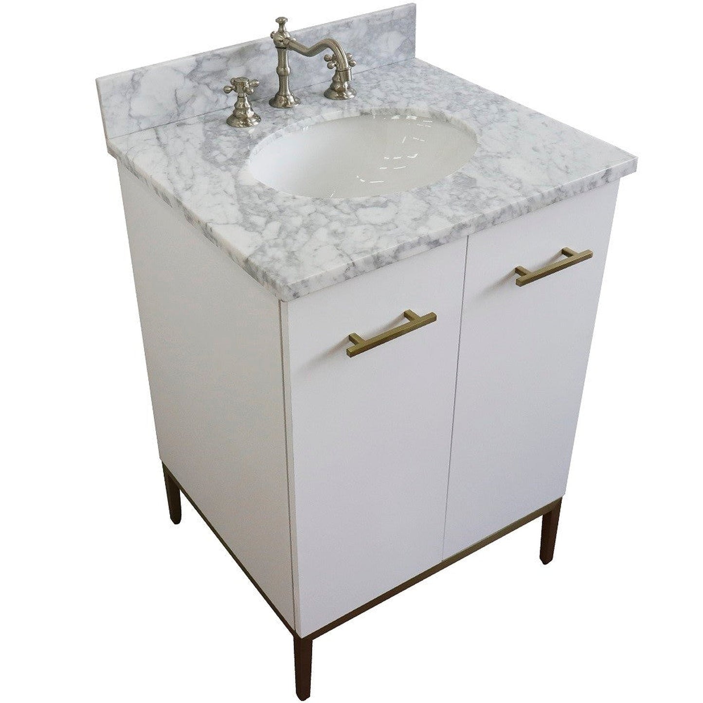 Bellaterra Home Tivoli 25" 2-Door 1-Drawer White Freestanding Vanity Set With Ceramic Undermount Oval Sink and White Carrara Marble Top