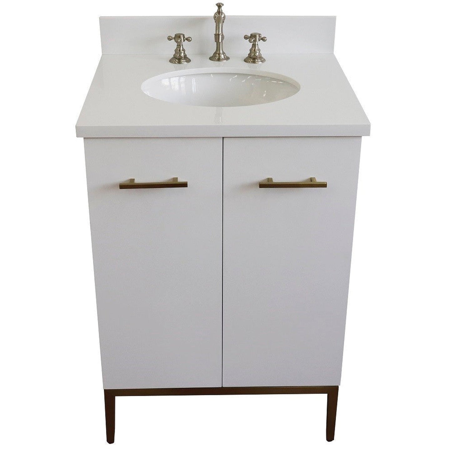 Bellaterra Home Tivoli 25" 2-Door 1-Drawer White Freestanding Vanity Set With Ceramic Undermount Oval Sink and White Quartz Top