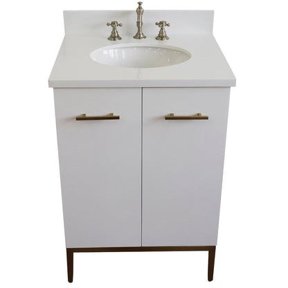 Bellaterra Home Tivoli 25" 2-Door 1-Drawer White Freestanding Vanity Set With Ceramic Undermount Oval Sink and White Quartz Top