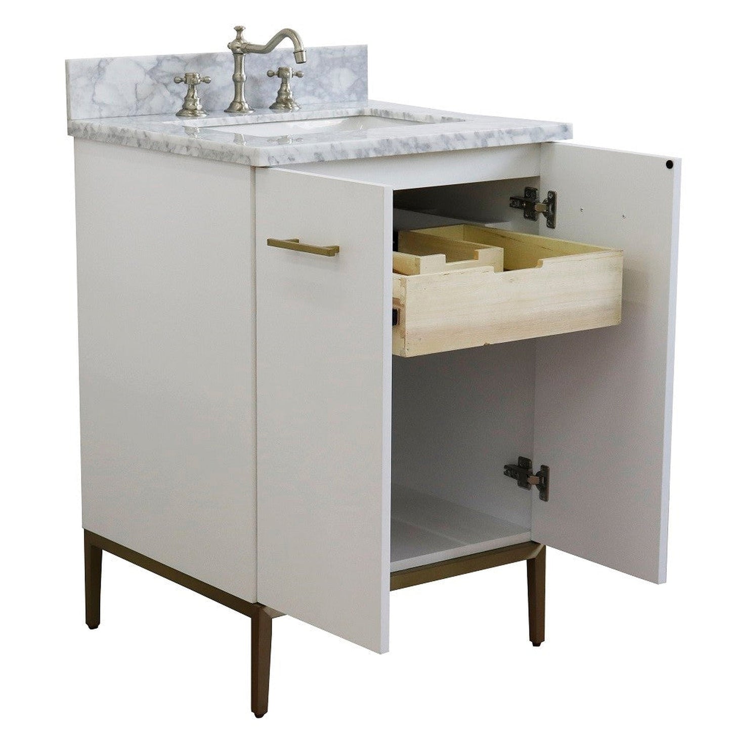 Bellaterra Home Tivoli 25" 2-Door 1-Drawer White Freestanding Vanity Set With Ceramic Undermount Rectangular Sink and White Carrara Marble Top