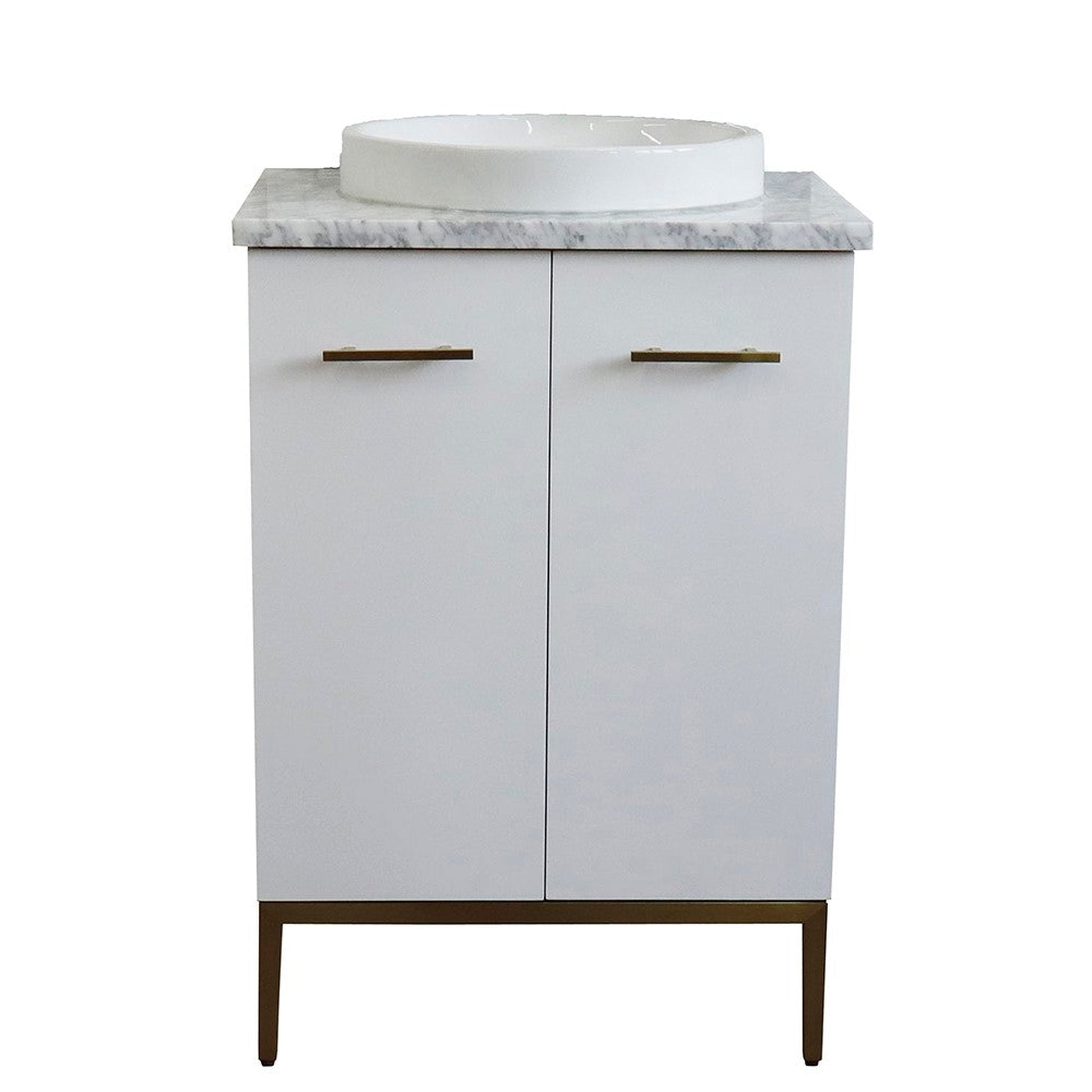 Bellaterra Home Tivoli 25" 2-Door 1-Drawer White Freestanding Vanity Set With Ceramic Vessel Sink and White Carrara Marble Top