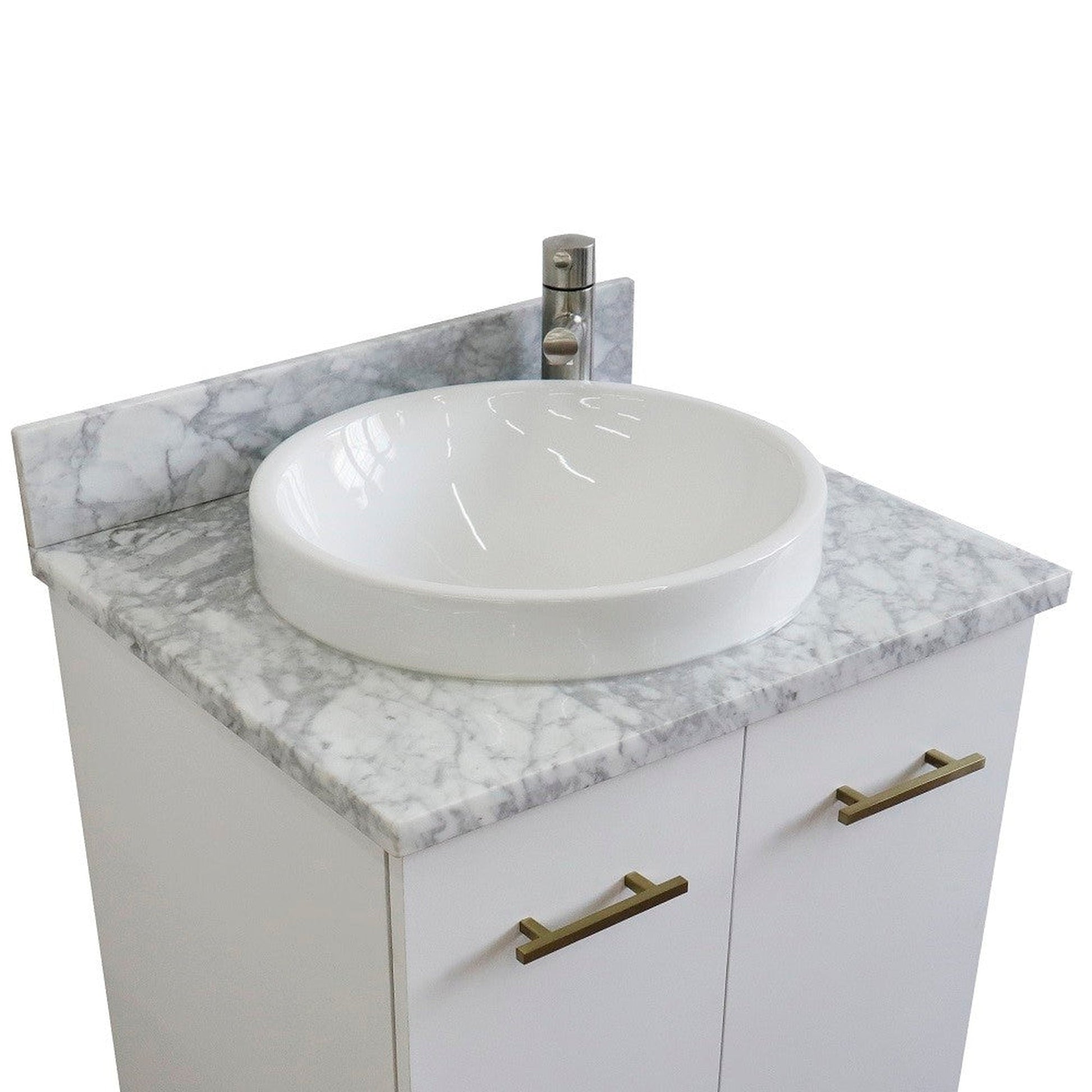 Bellaterra Home Tivoli 25" 2-Door 1-Drawer White Freestanding Vanity Set With Ceramic Vessel Sink and White Carrara Marble Top