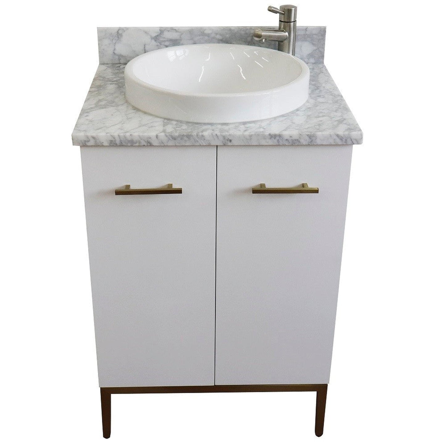 Bellaterra Home Tivoli 25" 2-Door 1-Drawer White Freestanding Vanity Set With Ceramic Vessel Sink and White Carrara Marble Top