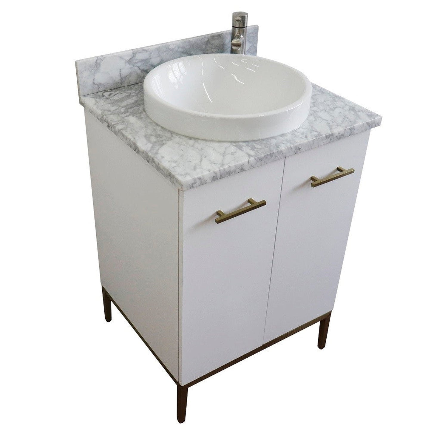 Bellaterra Home Tivoli 25" 2-Door 1-Drawer White Freestanding Vanity Set With Ceramic Vessel Sink and White Carrara Marble Top