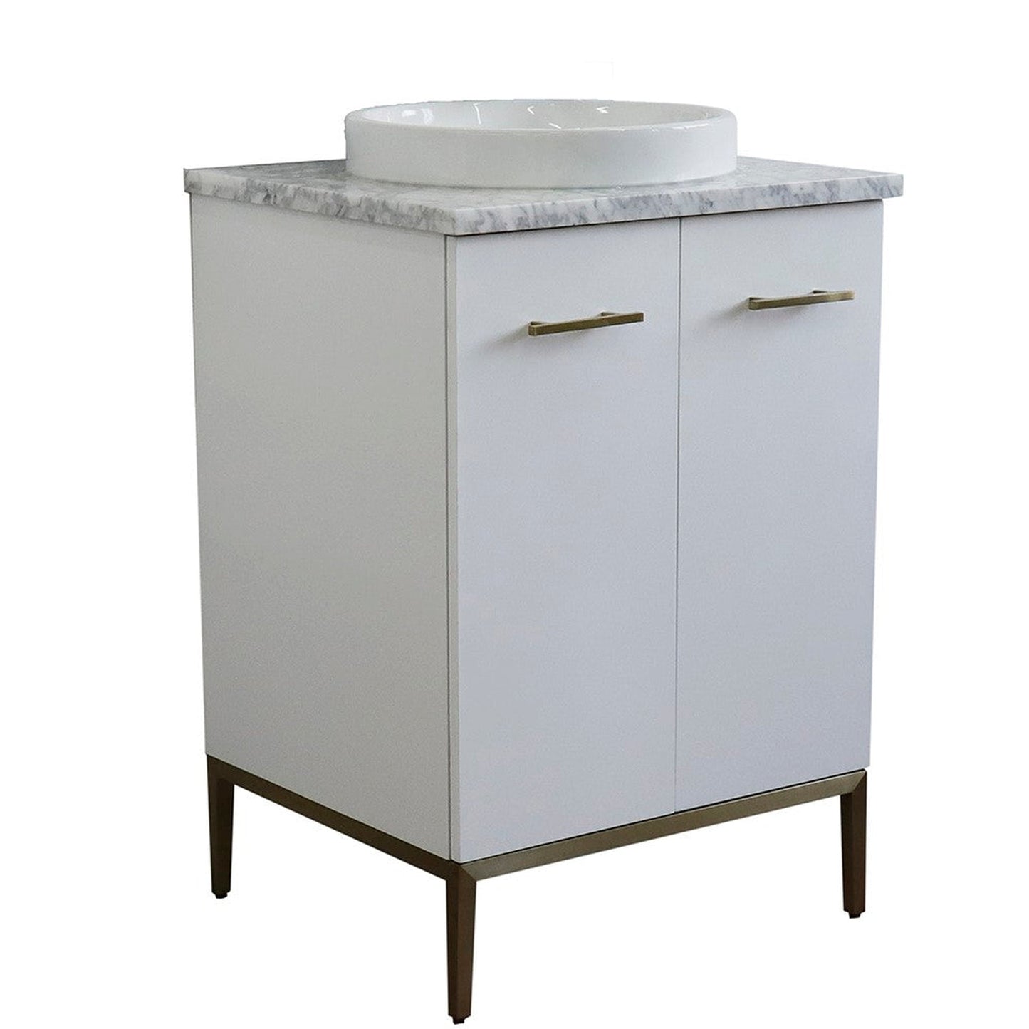 Bellaterra Home Tivoli 25" 2-Door 1-Drawer White Freestanding Vanity Set With Ceramic Vessel Sink and White Carrara Marble Top