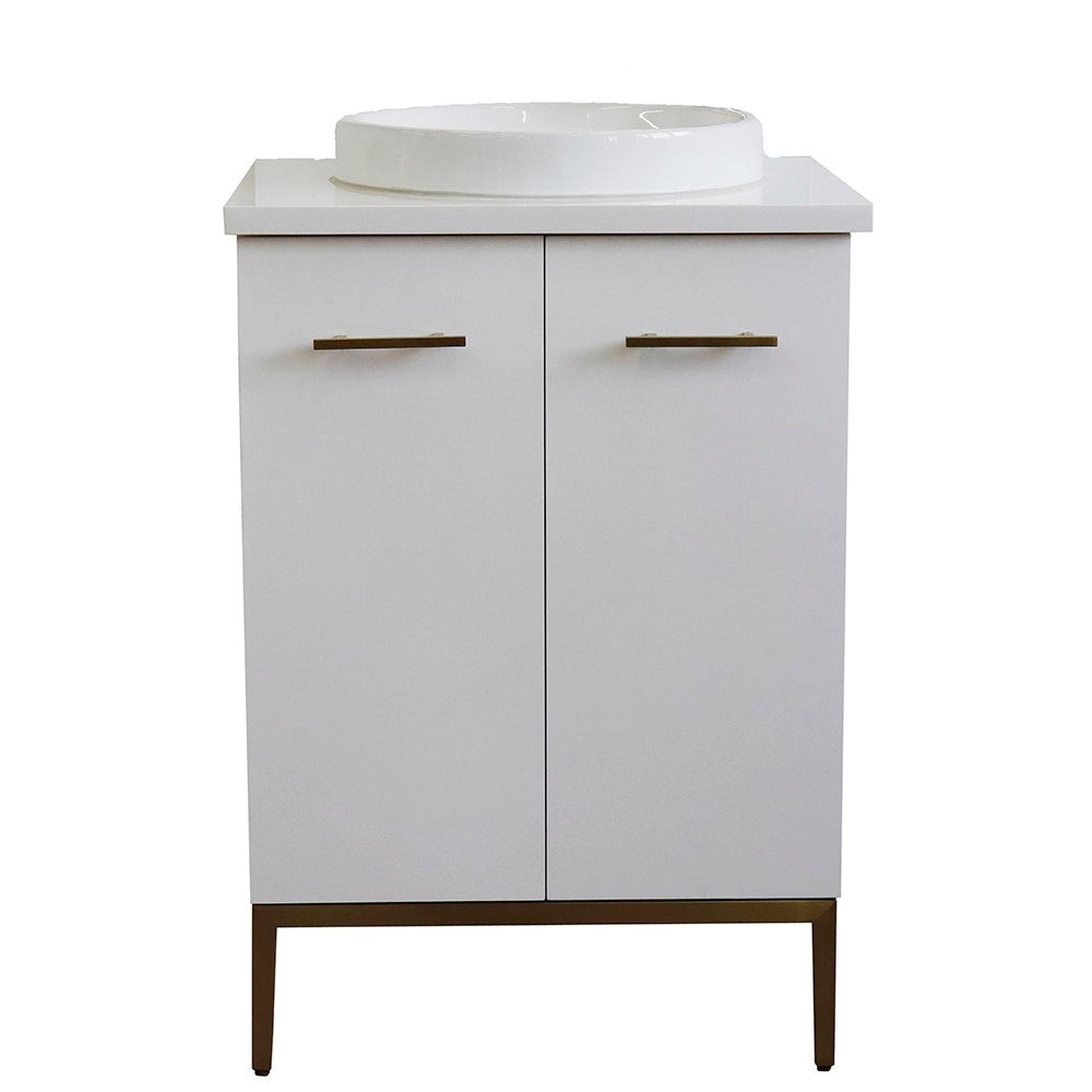 Bellaterra Home Tivoli 25" 2-Door 1-Drawer White Freestanding Vanity Set With Ceramic Vessel Sink and White Quartz Top