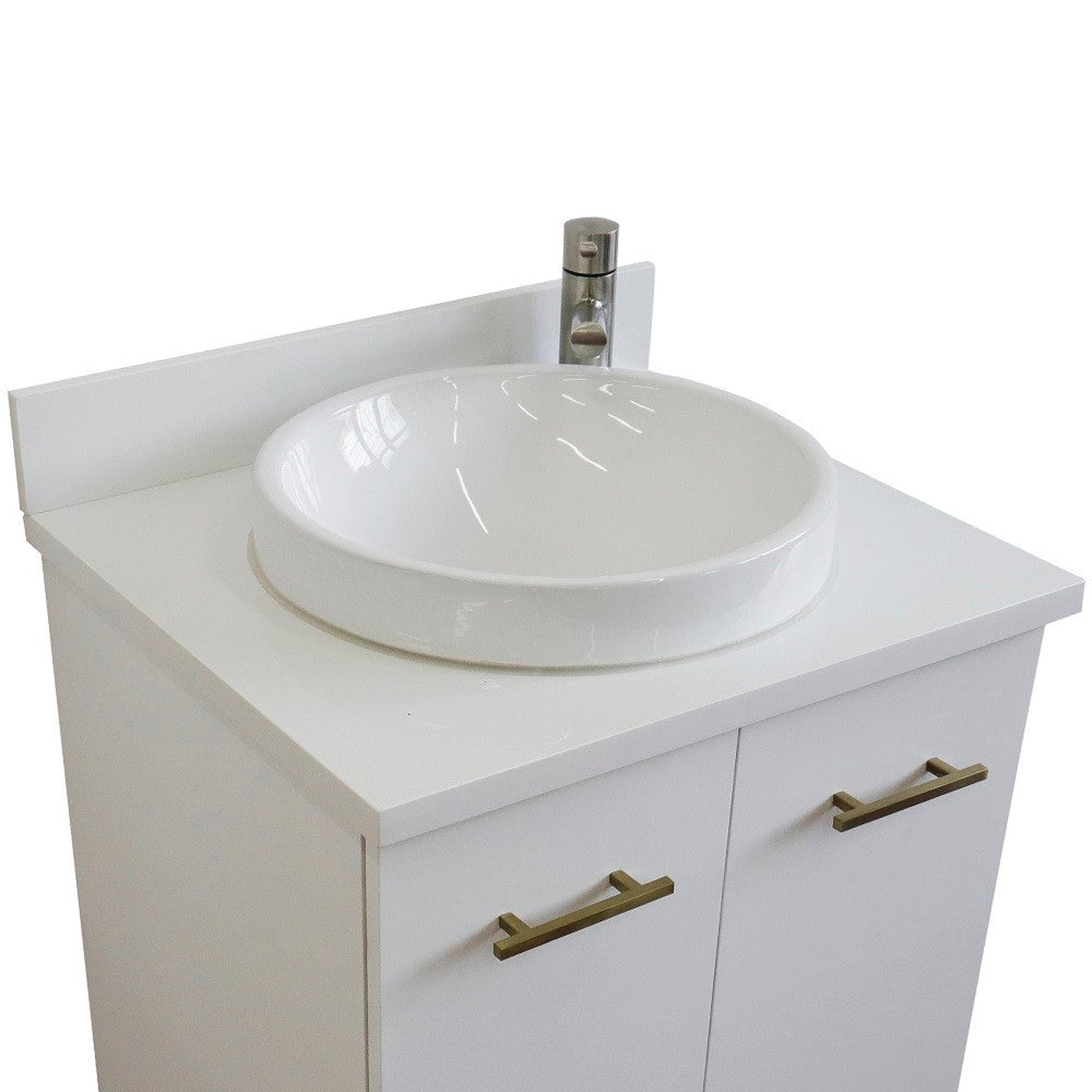 Bellaterra Home Tivoli 25" 2-Door 1-Drawer White Freestanding Vanity Set With Ceramic Vessel Sink and White Quartz Top