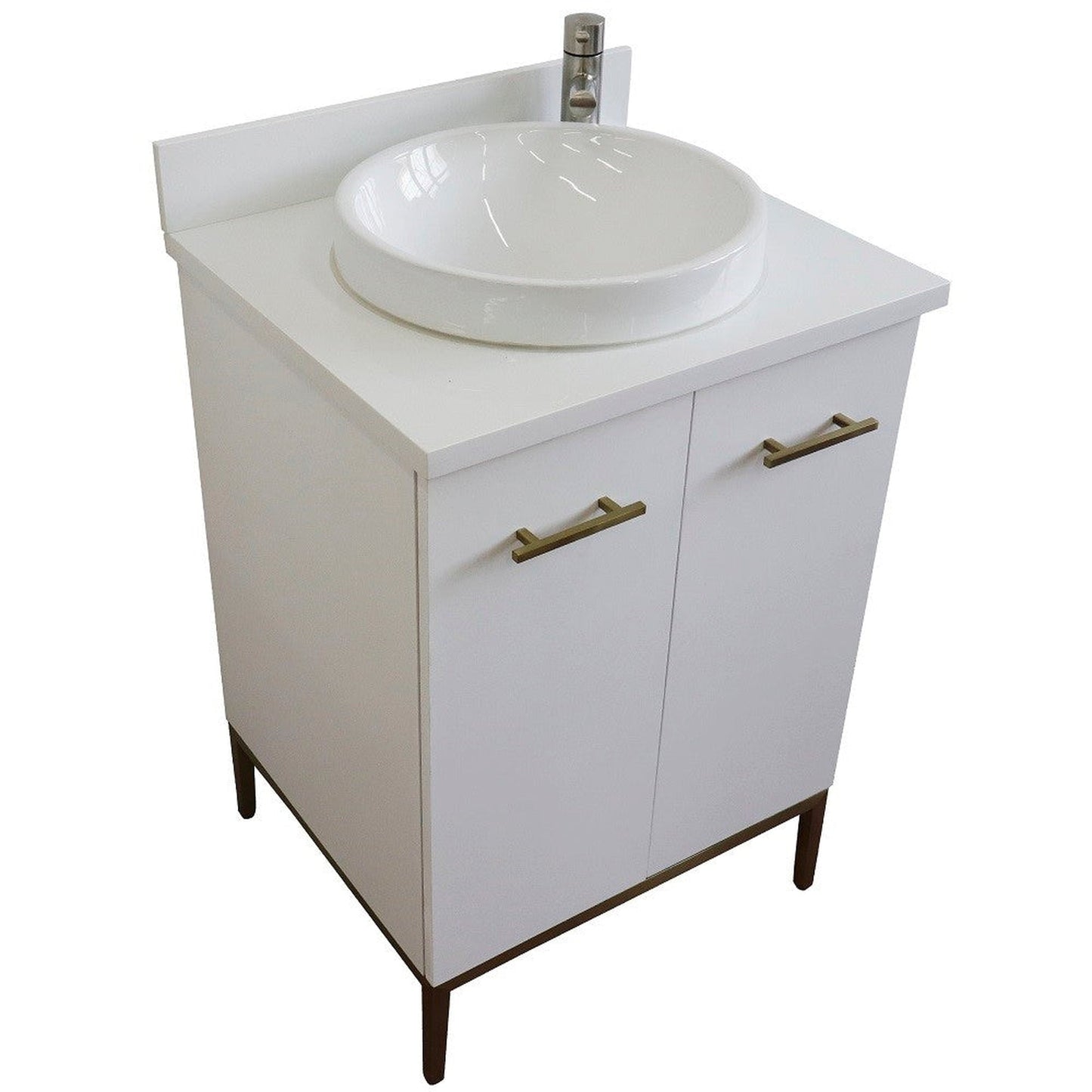 Bellaterra Home Tivoli 25" 2-Door 1-Drawer White Freestanding Vanity Set With Ceramic Vessel Sink and White Quartz Top