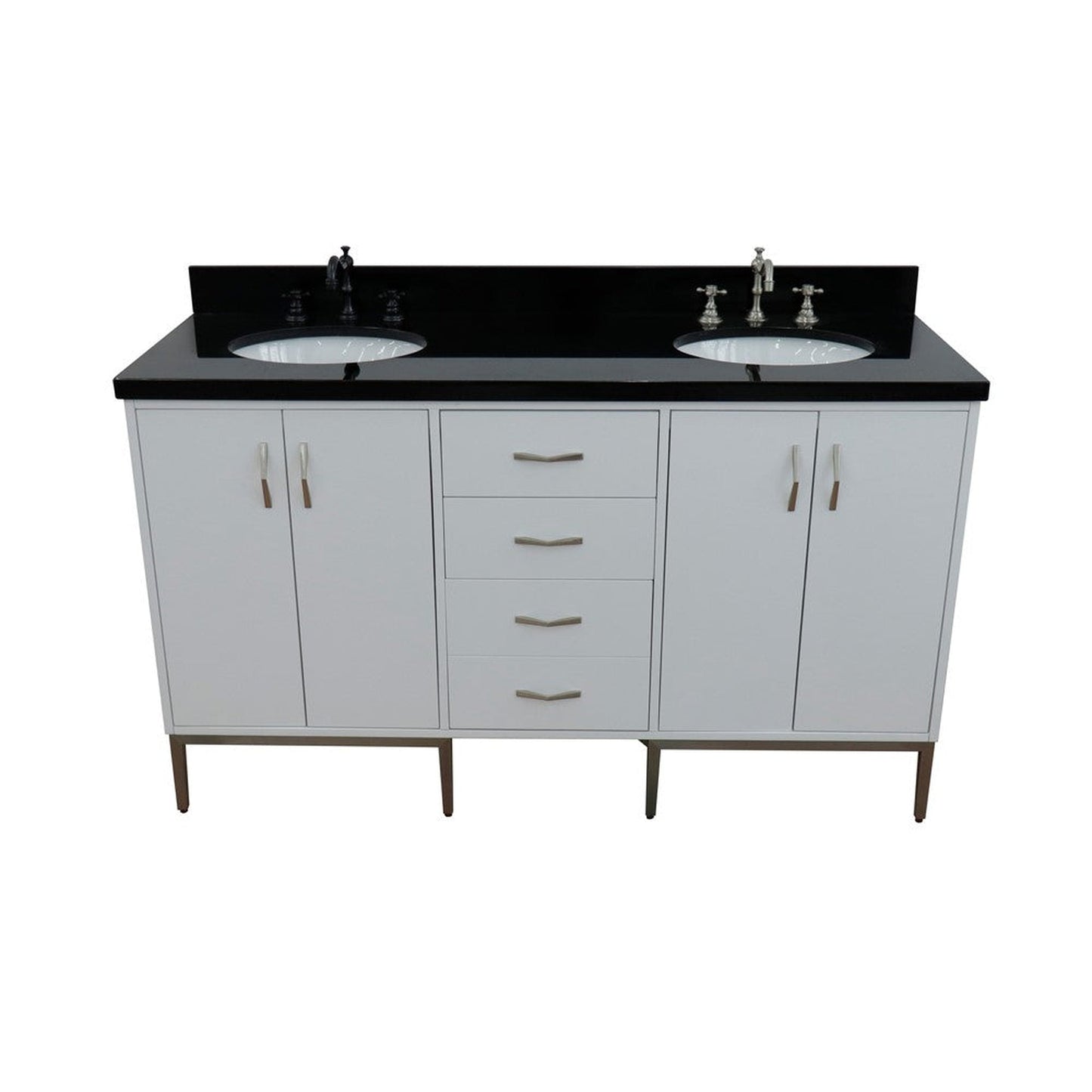 Bellaterra Home Tivoli 61" 4-Door 3-Drawer White Freestanding Double Vanity Set With Ceramic Double Undermount Oval Sink and Black Galaxy Granite Top