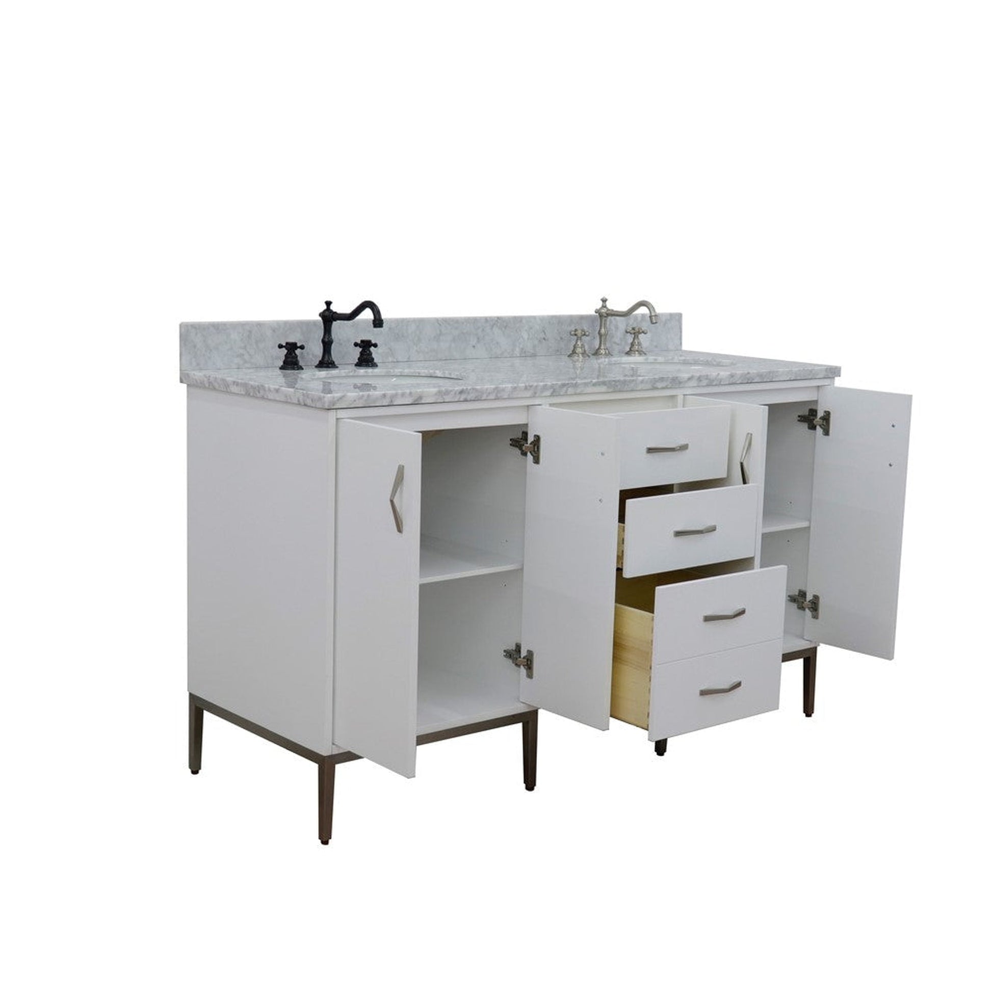 Bellaterra Home Tivoli 61" 4-Door 3-Drawer White Freestanding Double Vanity Set With Ceramic Double Undermount Oval Sink and White Carrara Marble Top