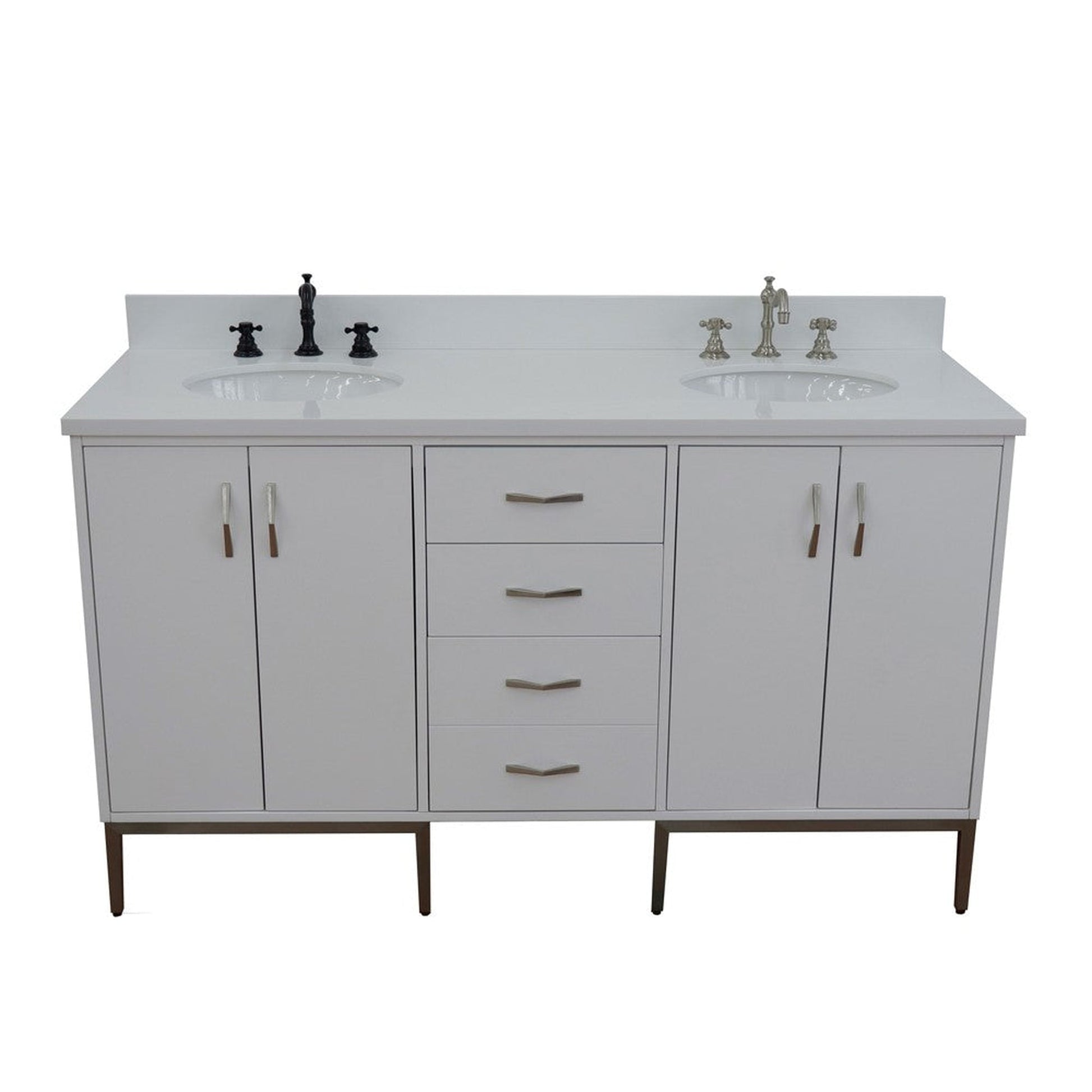 Bellaterra Home Tivoli 61" 4-Door 3-Drawer White Freestanding Double Vanity Set With Ceramic Double Undermount Oval Sink and White Quartz Top