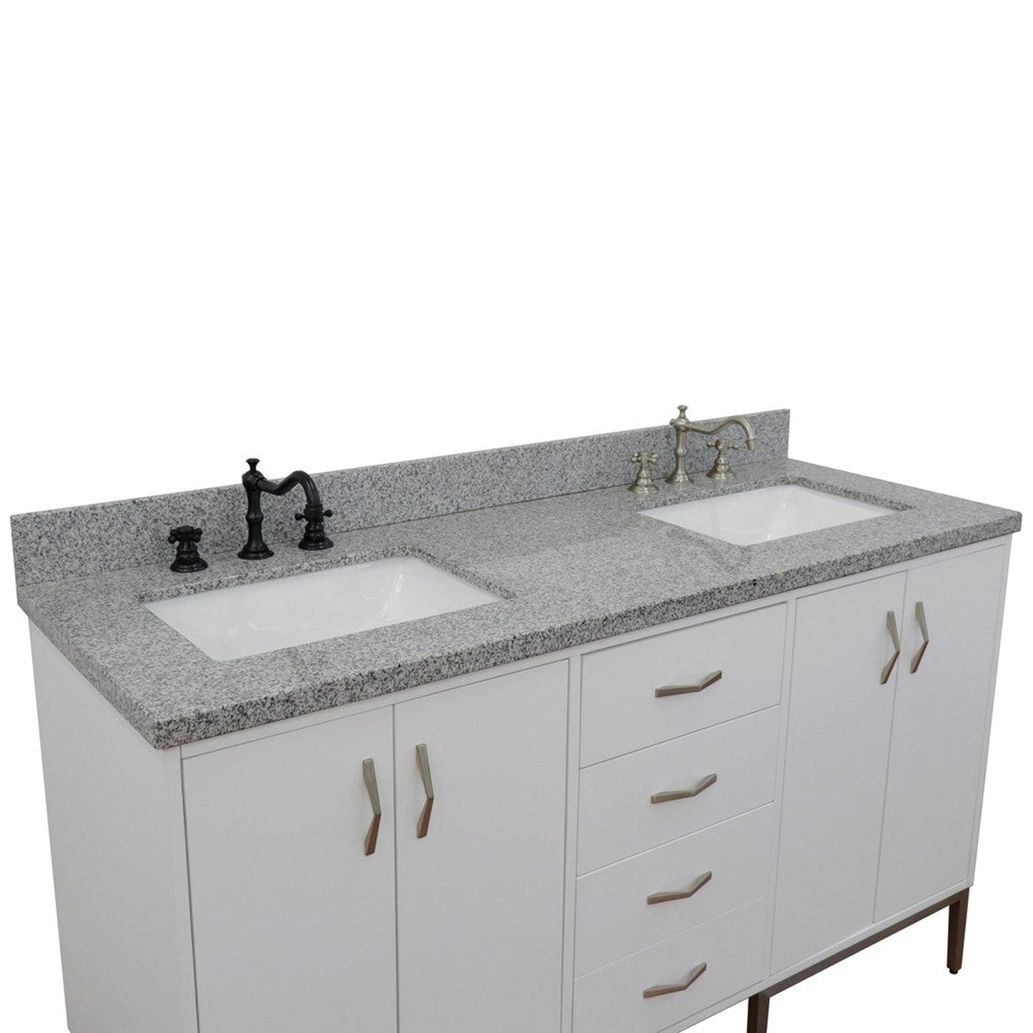 Bellaterra Home Tivoli 61" 4-Door 3-Drawer White Freestanding Double Vanity Set With Ceramic Double Undermount Rectangular Sink and Gray Granite Top