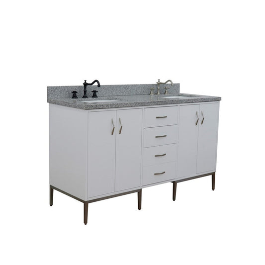 Bellaterra Home Tivoli 61" 4-Door 3-Drawer White Freestanding Double Vanity Set With Ceramic Double Undermount Rectangular Sink and Gray Granite Top