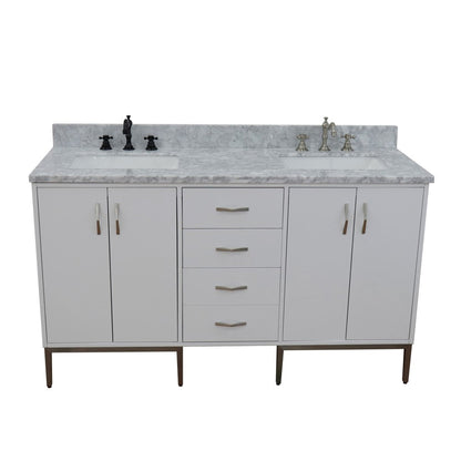 Bellaterra Home Tivoli 61" 4-Door 3-Drawer White Freestanding Double Vanity Set With Ceramic Double Undermount Rectangular Sink and White Carrara Marble Top