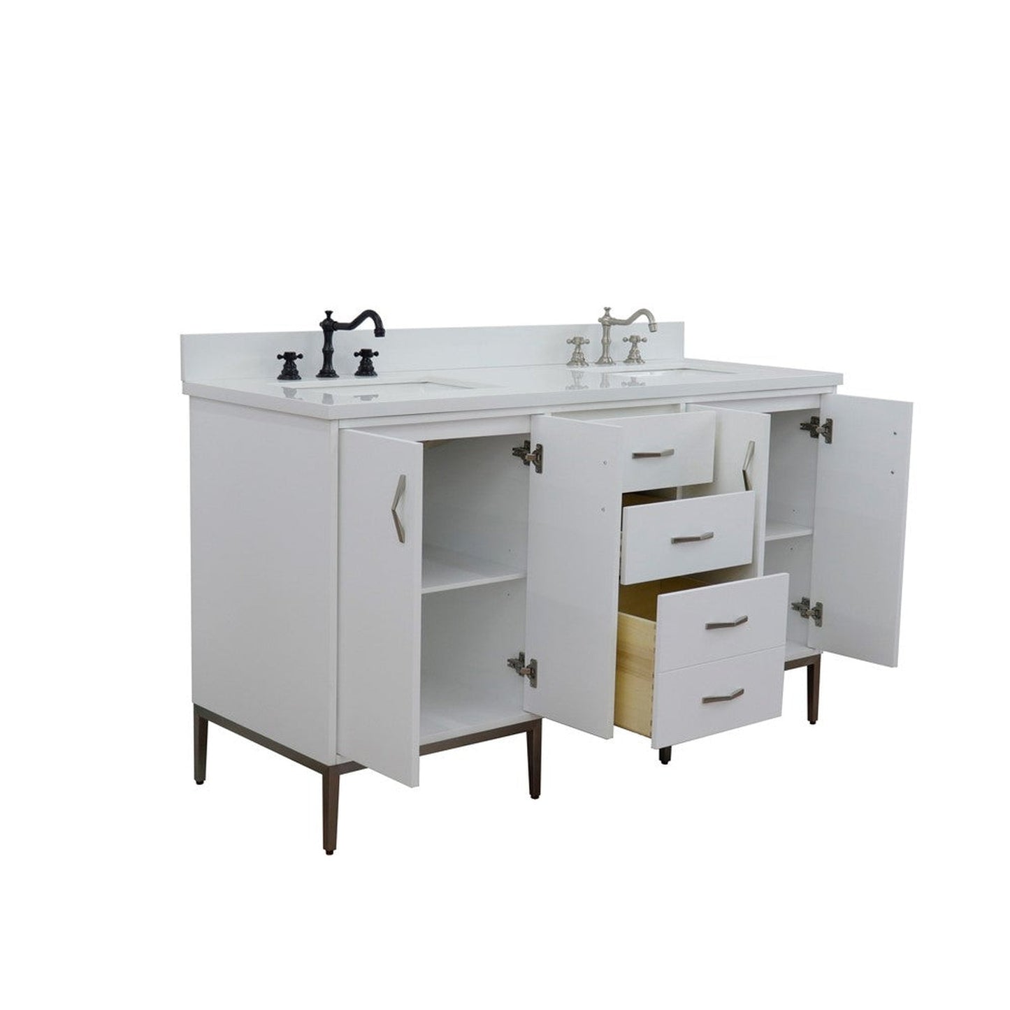 Bellaterra Home Tivoli 61" 4-Door 3-Drawer White Freestanding Double Vanity Set With Ceramic Double Undermount Rectangular Sink and White Quartz Top