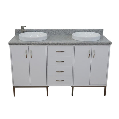 Bellaterra Home Tivoli 61" 4-Door 3-Drawer White Freestanding Double Vanity Set With Ceramic Double Vessel Sink and Gray Granite Top