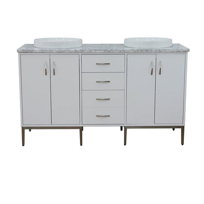 Bellaterra Home Tivoli 61" 4-Door 3-Drawer White Freestanding Double Vanity Set With Ceramic Double Vessel Sink and White Carrara Marble Top