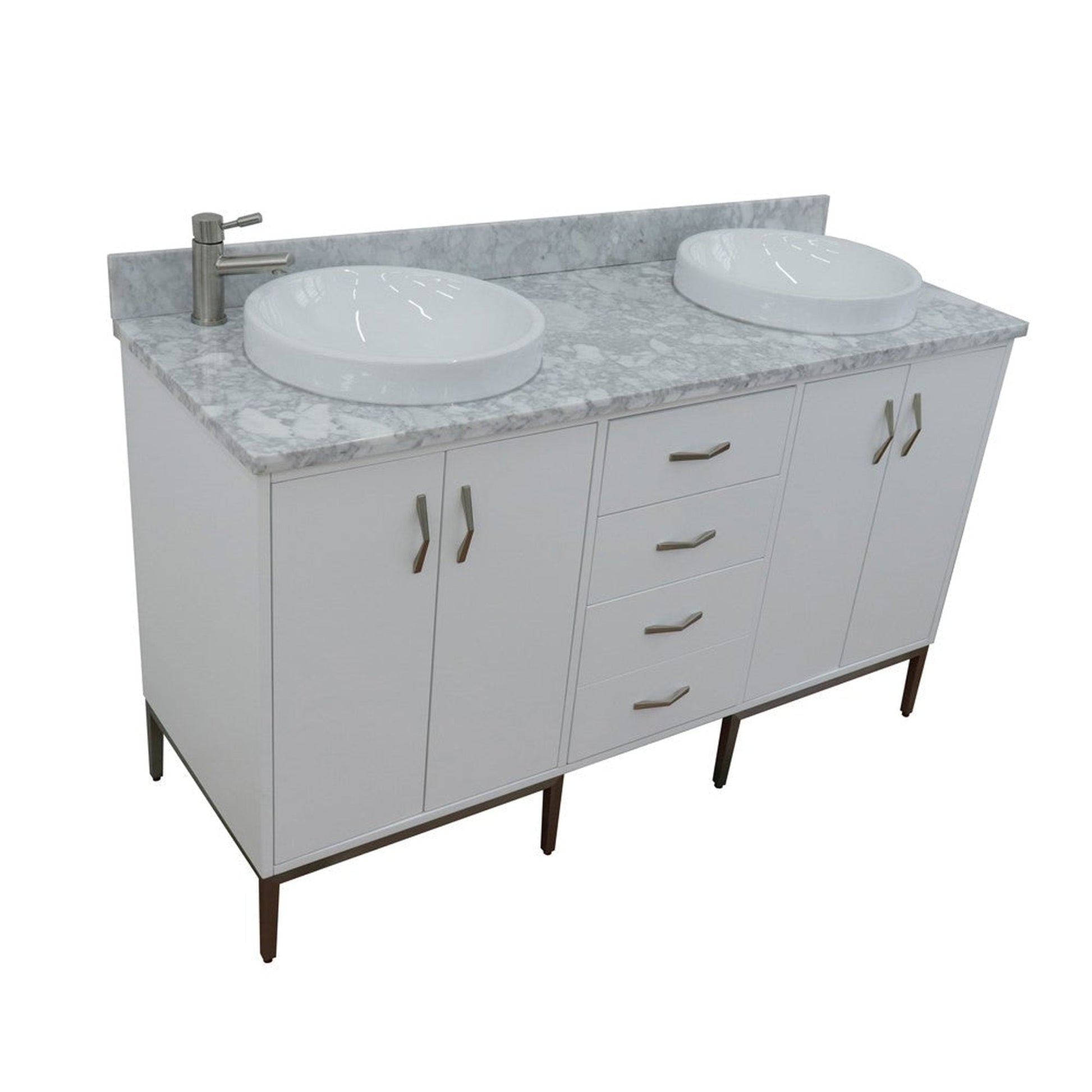 Bellaterra Home Tivoli 61" 4-Door 3-Drawer White Freestanding Double Vanity Set With Ceramic Double Vessel Sink and White Carrara Marble Top