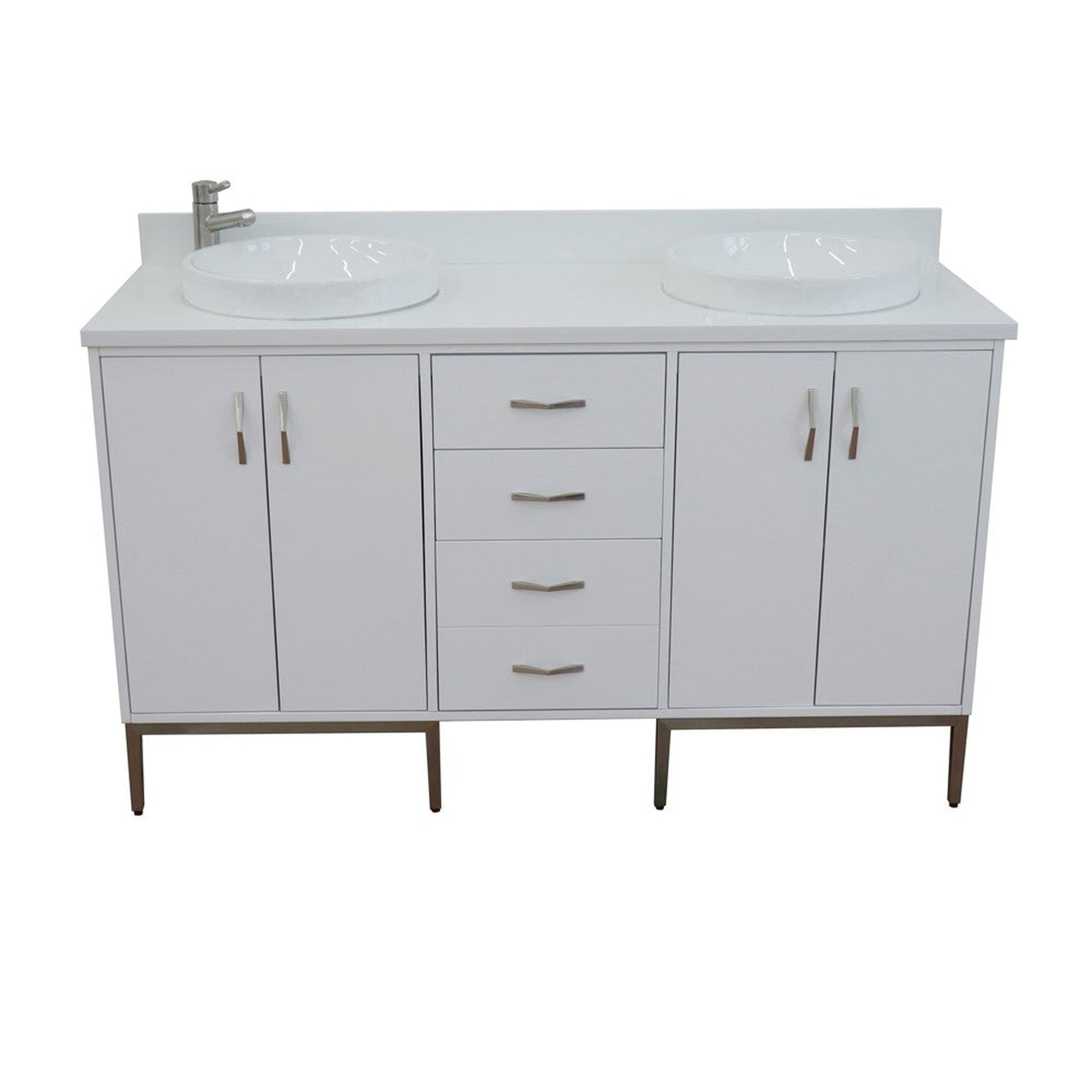 Bellaterra Home Tivoli 61" 4-Door 3-Drawer White Freestanding Double Vanity Set With Ceramic Double Vessel Sink and White Quartz Top
