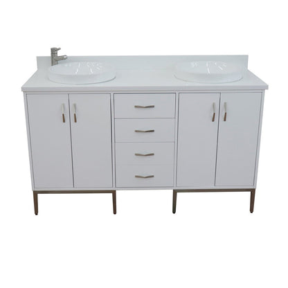 Bellaterra Home Tivoli 61" 4-Door 3-Drawer White Freestanding Double Vanity Set With Ceramic Double Vessel Sink and White Quartz Top