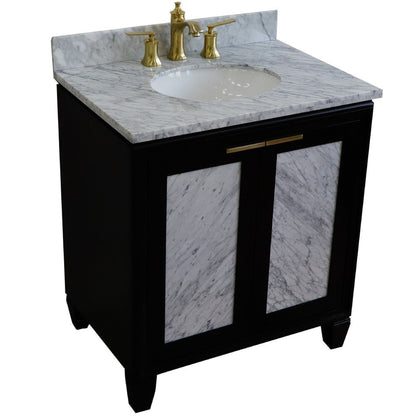 Bellaterra Home Trento 31" 2-Door 1-Drawer Black Freestanding Vanity Set With Ceramic Undermount Oval Sink and White Carrara Marble Top