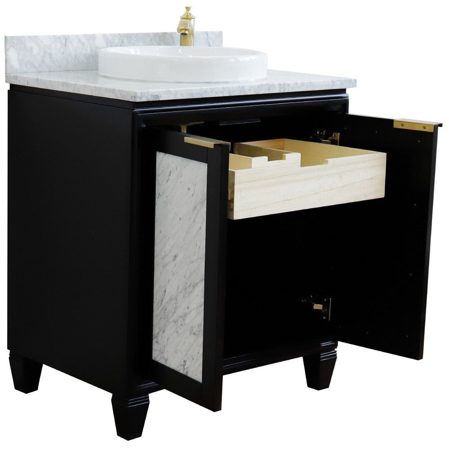 Bellaterra Home Trento 31" 2-Door 1-Drawer Black Freestanding Vanity Set With Ceramic Vessel Sink and White Carrara Marble Top