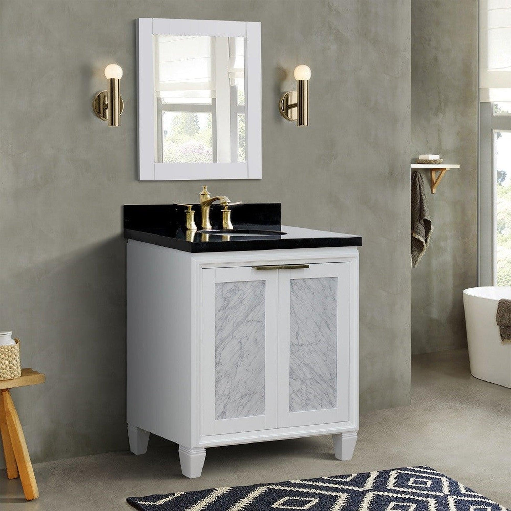 Bellaterra Home Trento 31" 2-Door 1-Drawer White Freestanding Vanity Set With Ceramic Undermount Oval Sink and Black Galaxy Granite Top