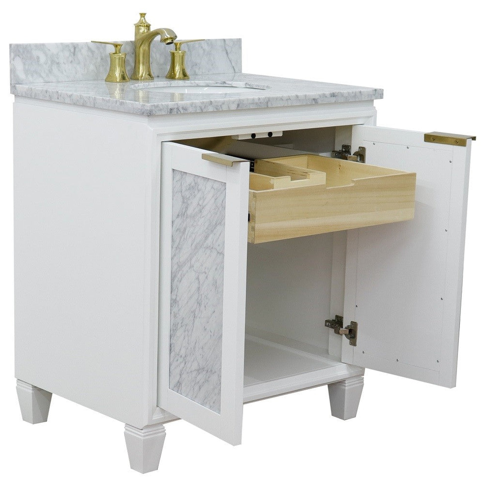 Bellaterra Home Trento 31" 2-Door 1-Drawer White Freestanding Vanity Set With Ceramic Undermount Oval Sink and White Carrara Marble Top