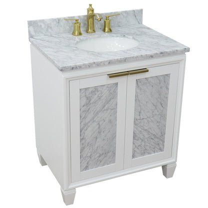 Bellaterra Home Trento 31" 2-Door 1-Drawer White Freestanding Vanity Set With Ceramic Undermount Oval Sink and White Carrara Marble Top