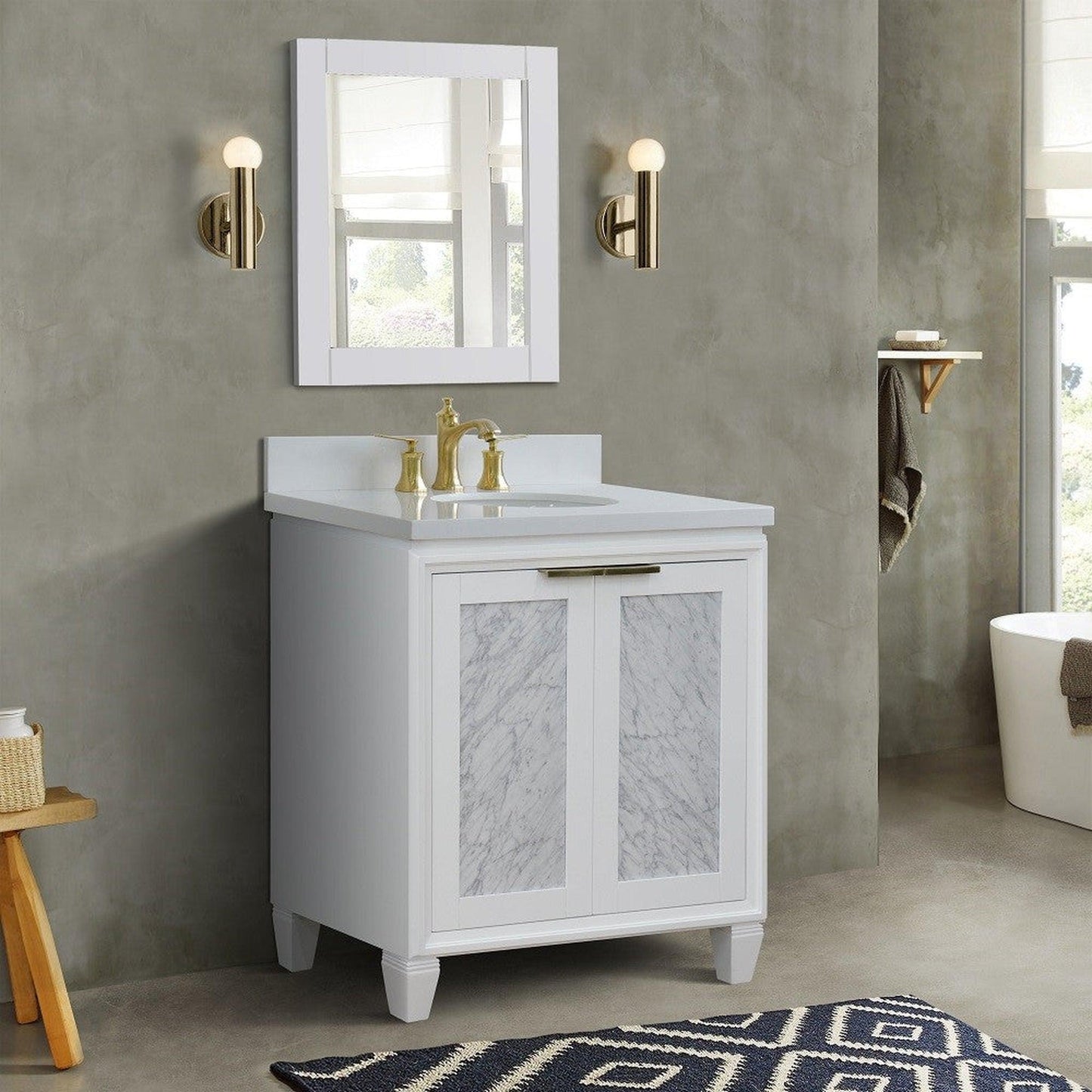 Bellaterra Home Trento 31" 2-Door 1-Drawer White Freestanding Vanity Set With Ceramic Undermount Oval Sink and White Quartz Top