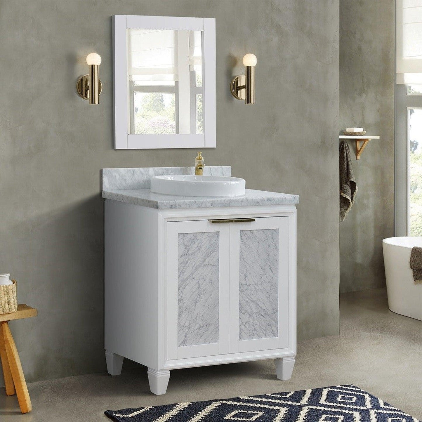 Bellaterra Home Trento 31" 2-Door 1-Drawer White Freestanding Vanity Set With Ceramic Vessel Sink and White Carrara Marble Top