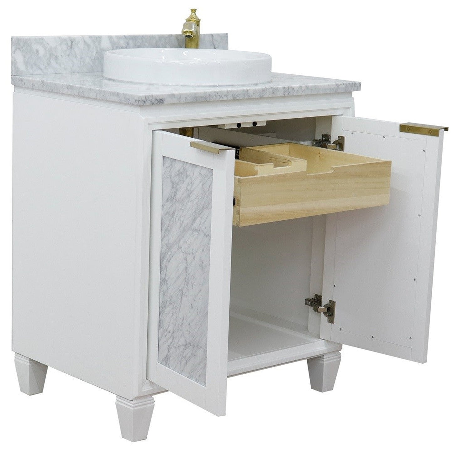 Bellaterra Home Trento 31" 2-Door 1-Drawer White Freestanding Vanity Set With Ceramic Vessel Sink and White Carrara Marble Top