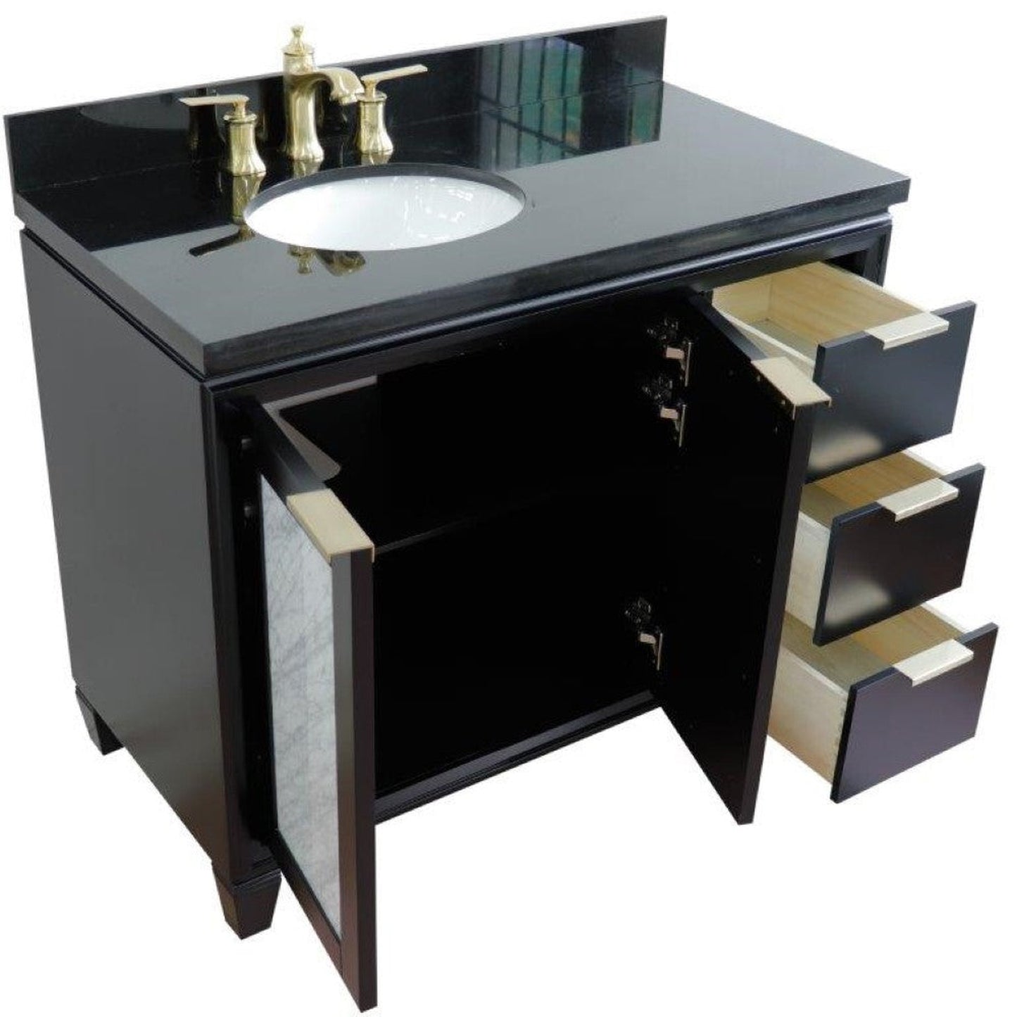 Bellaterra Home Trento 43" 2-Door 3-Drawer Black Freestanding Vanity Set With Ceramic Left Undermount Oval Sink and Black Galaxy Granite Top, and Left Door Cabinet